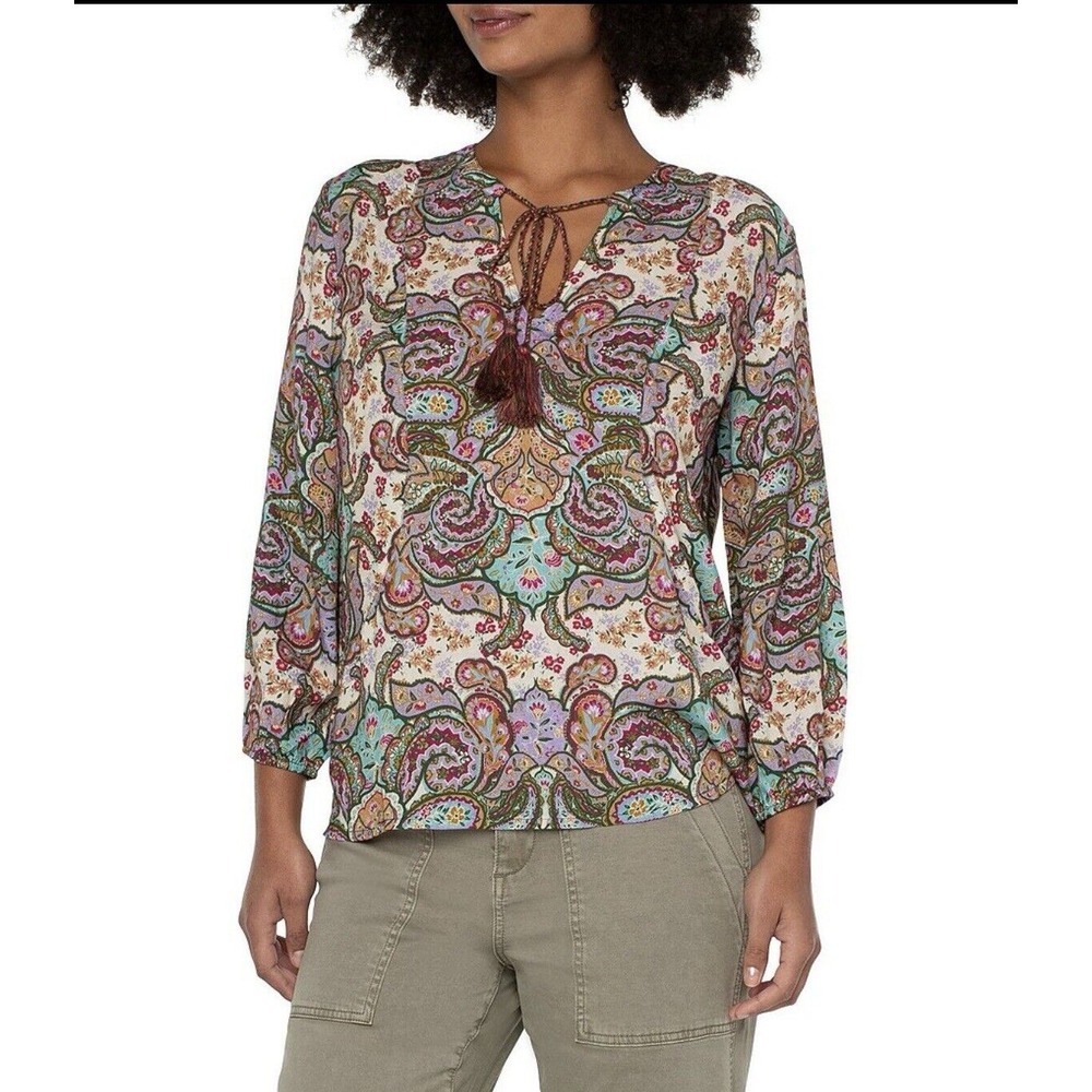 LIVERPOOL Split Neck Top Blouse With Tie‎ Detail Size Medium